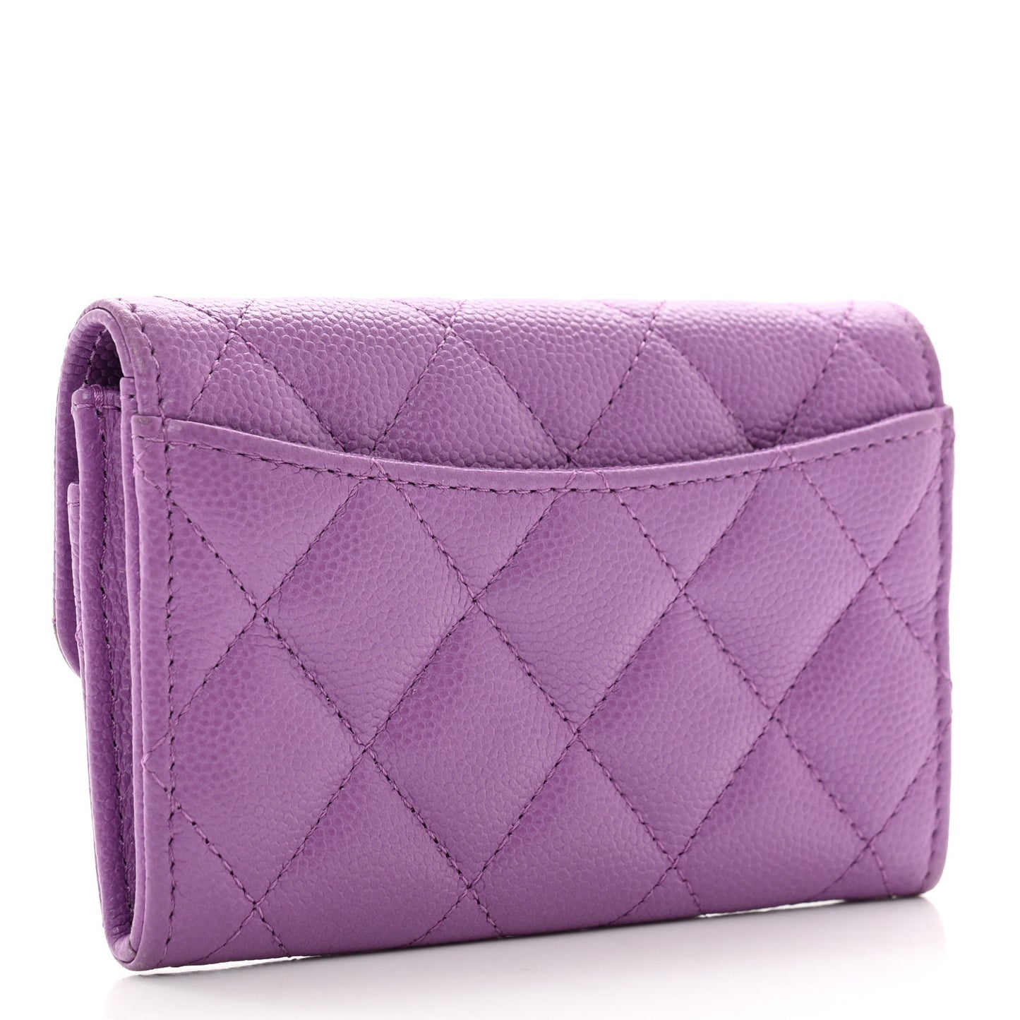 Caviar Quilted Flap Card Holder Wallet Purple