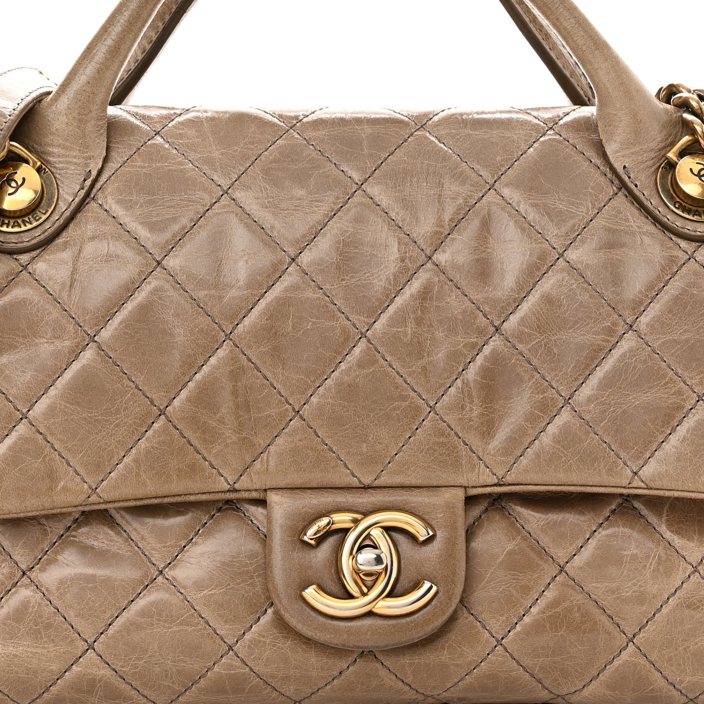 Glazed Calfskin Castle Rock Medium Flap Dark Beige