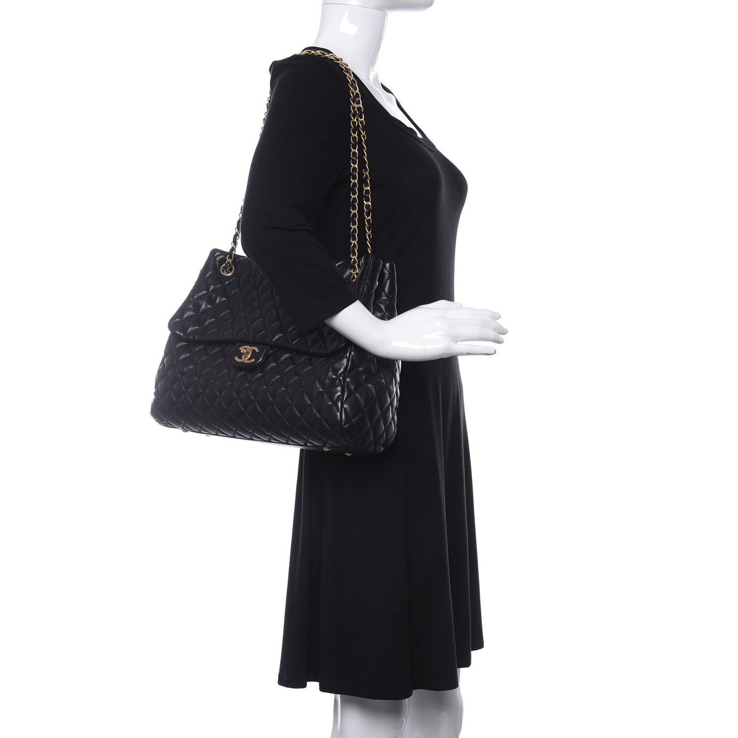 Lambskin Quilted Large Fluffy CC Shopping Tote Black
