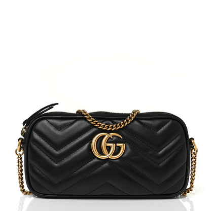 Gucci Calfskin Matelasse Mini GG Marmont Chain Crossbody Bag Black 1 of 8