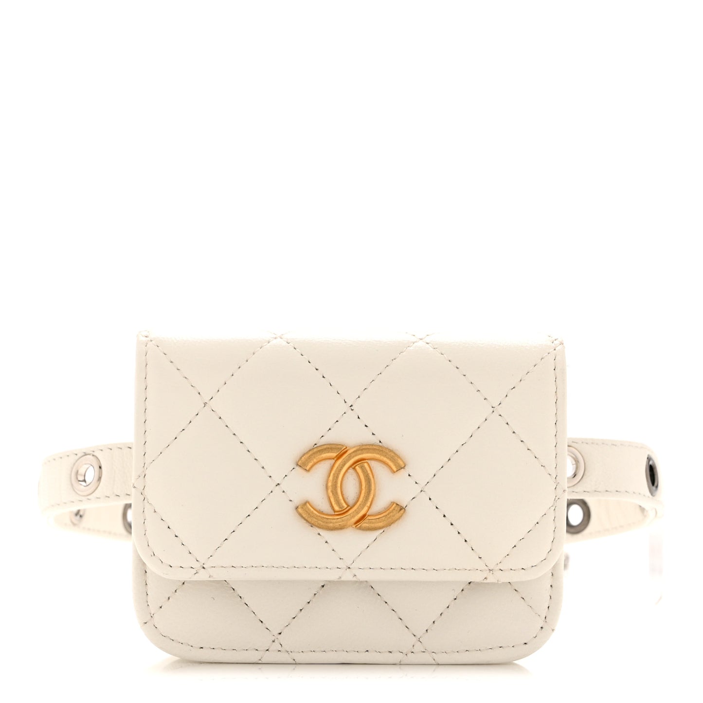 Goatskin Quilted Punk Essentials Chain Mini Flap Belt Bag White