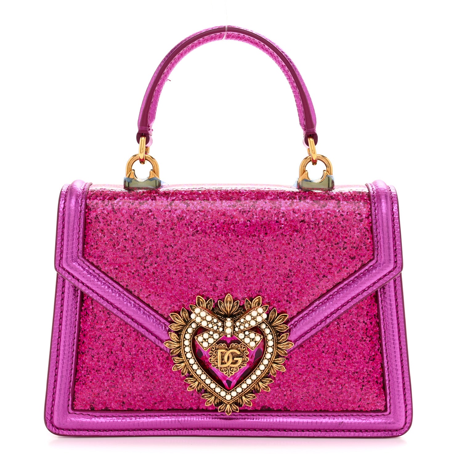 Dolce & Gabbana Glitter Metallic Lizard Small Devotion Top Handle Bag Fuchsia 1 of 10