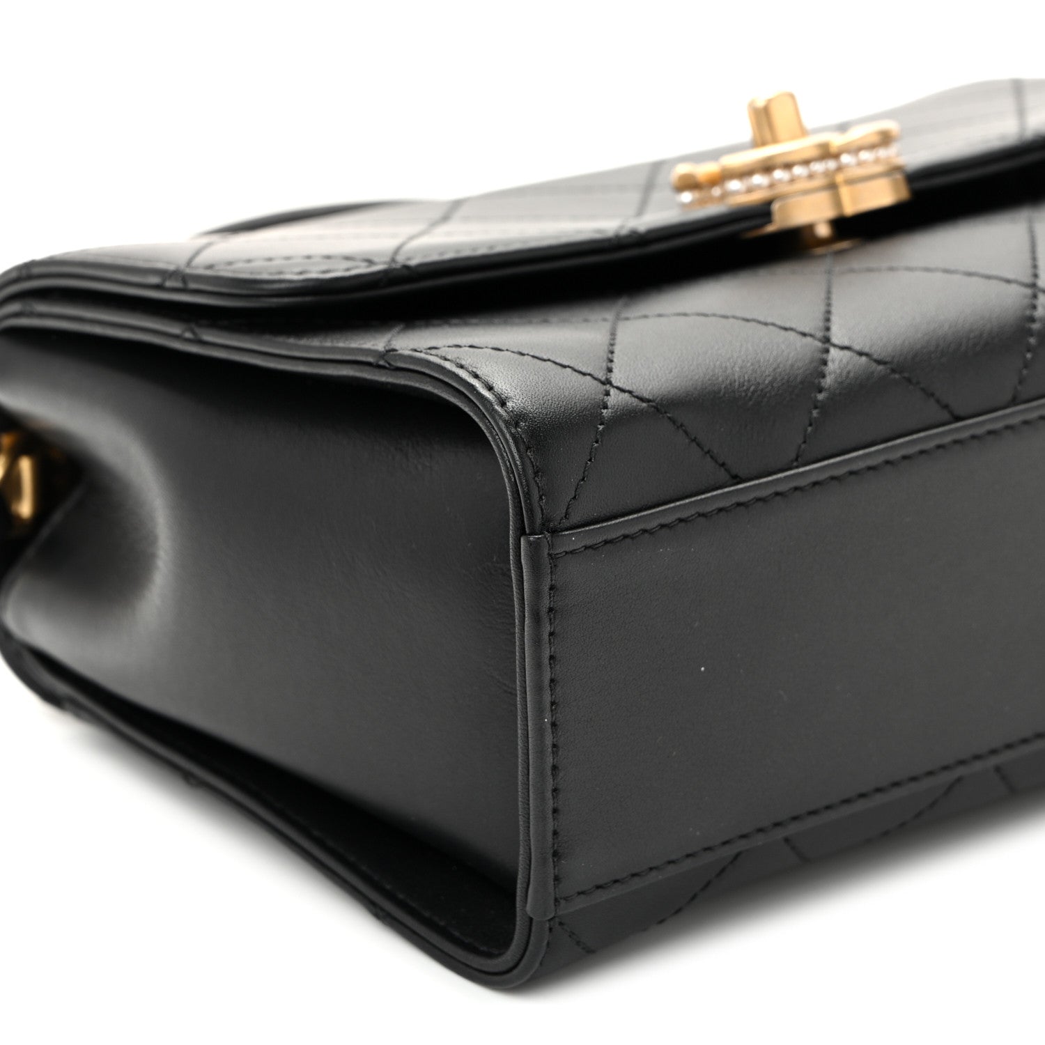 Chanel Lambskin Stitched Pearl Logo Top Handle Flap Black Black 9 of 10
