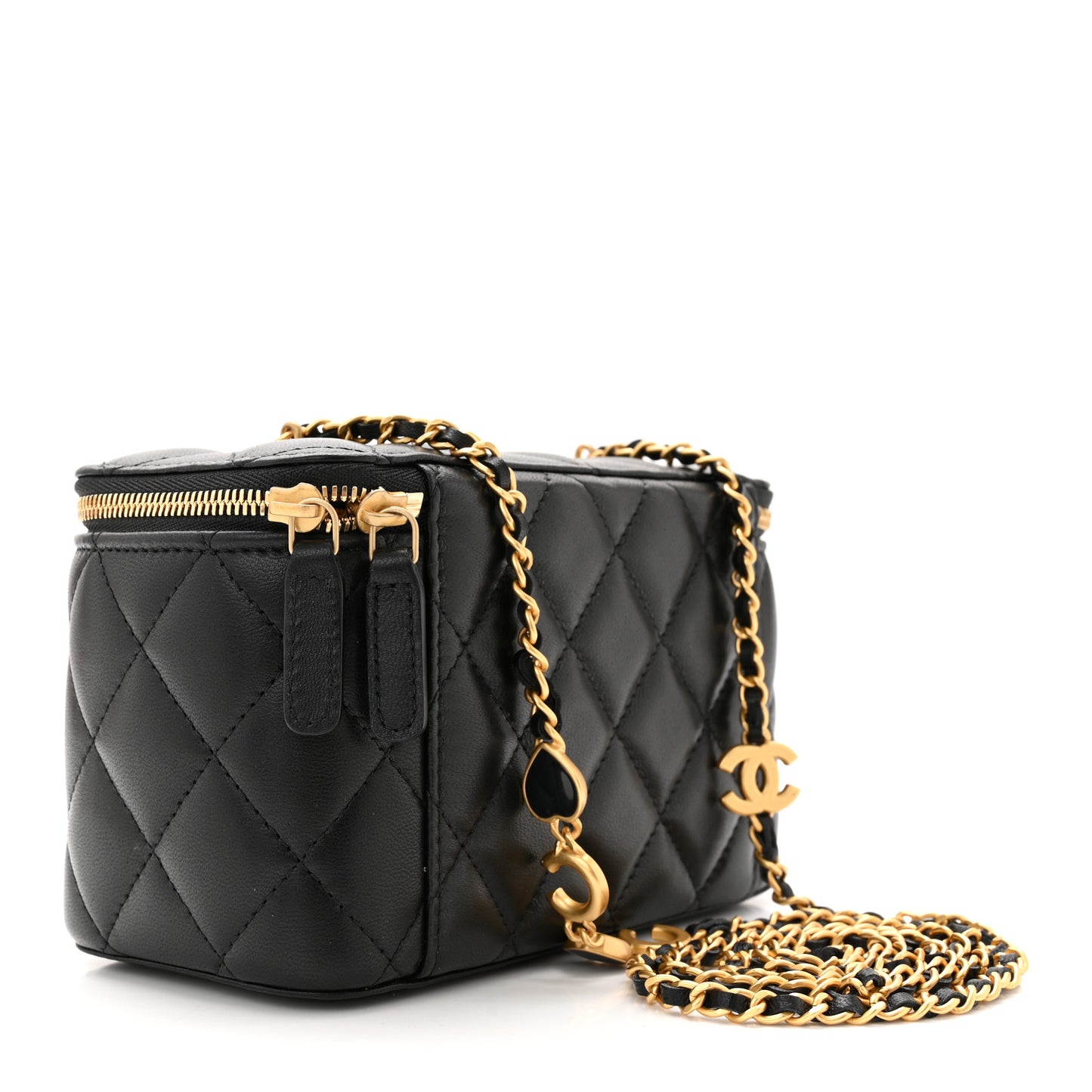 Lambskin Enamel Quilted Small Coco Hearts Vanity Case With Chain Black