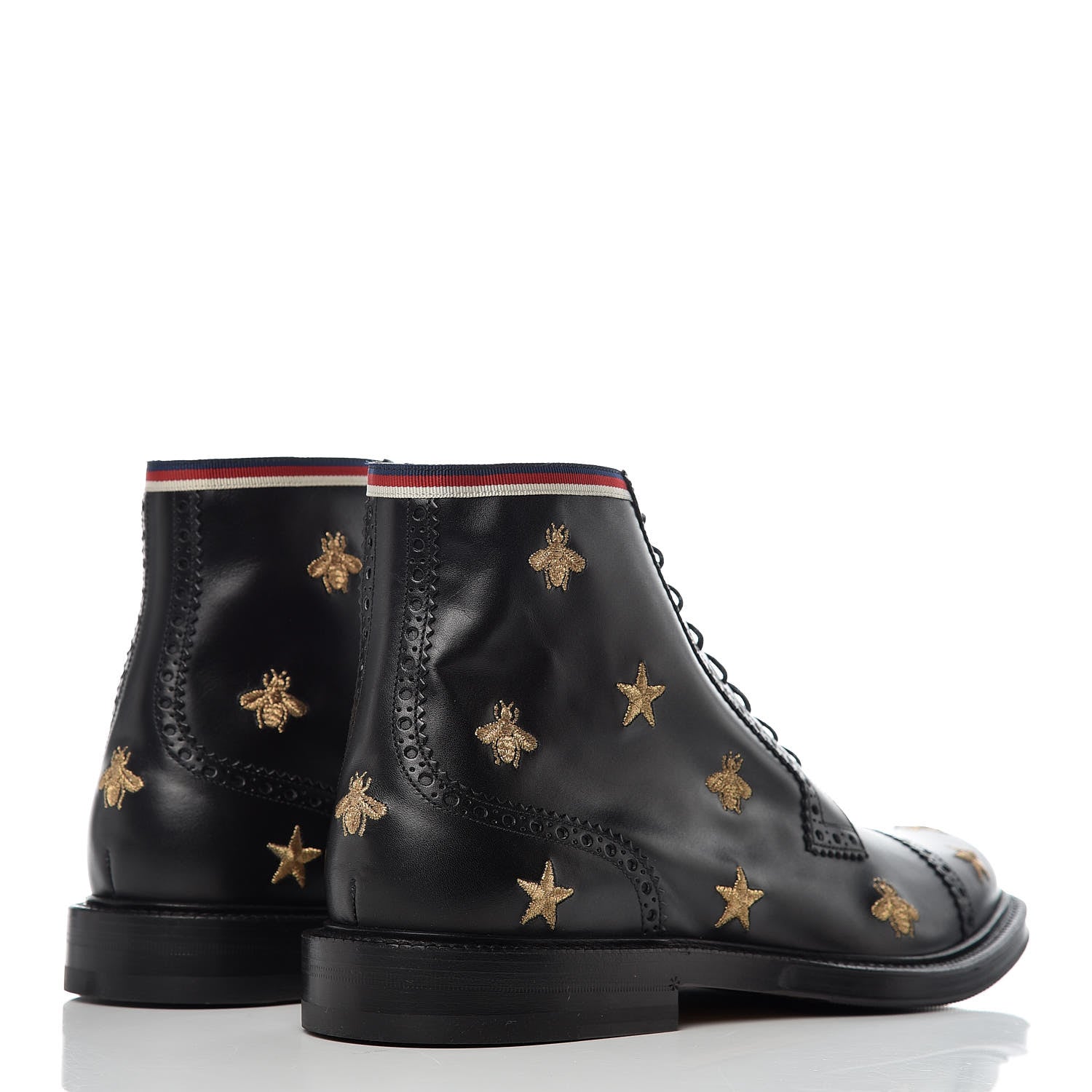 Gucci Calfskin Sylvie Web Bee Star Embroidered Mens Brogue Captoe Boots 10.5 Black 4 of 12