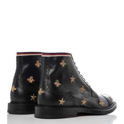 Gucci Calfskin Sylvie Web Bee Star Embroidered Mens Brogue Captoe Boots 10.5 Black 4 of 12