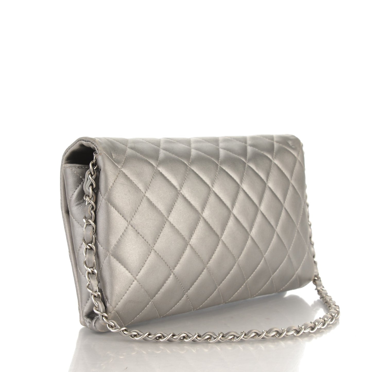 Metallic Lambskin Quilted Medium Leo Lion Flap Clutch Silver