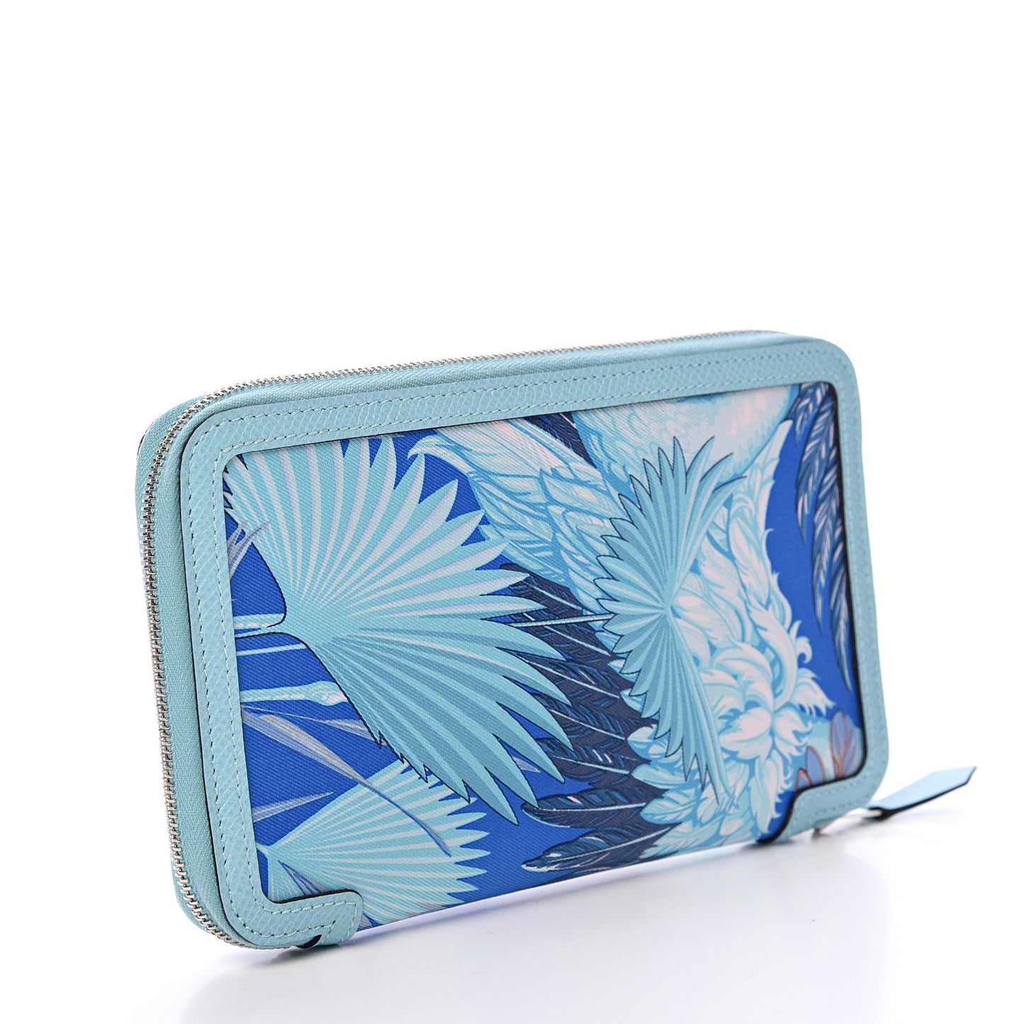 Epsom Printed Silk Flamingo Party Soie-Cool Wallet Mykonos Bleu Atoll