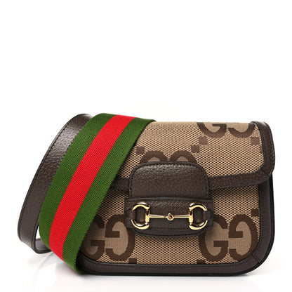 Gucci Monogram Jumbo GG Textured Dollar Calfskin Web Mini Horsebit 1955 Shoulder Bag Camel Ebony New Acero 1 of 8