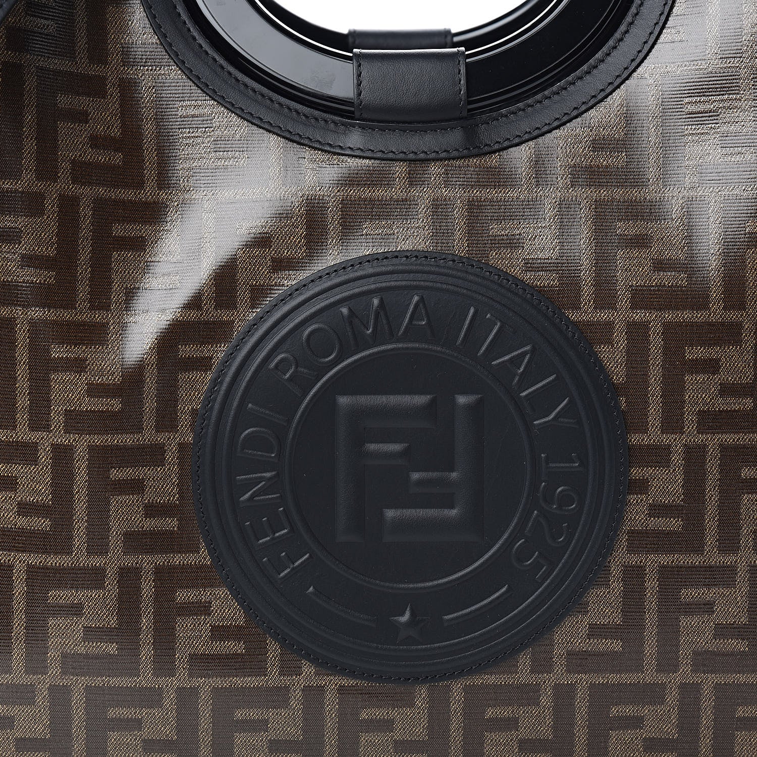 Fendi Glazed Fabric Vitello Century Plexiglass FF 1974 Stamp Patch Medium Runaway Shopper Tote Mogano Panna Black 10 of 10