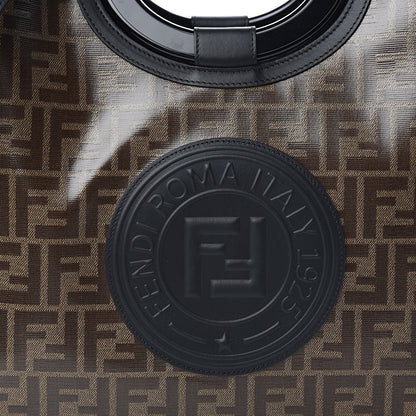 Fendi Glazed Fabric Vitello Century Plexiglass FF 1974 Stamp Patch Medium Runaway Shopper Tote Mogano Panna Black 10 of 10