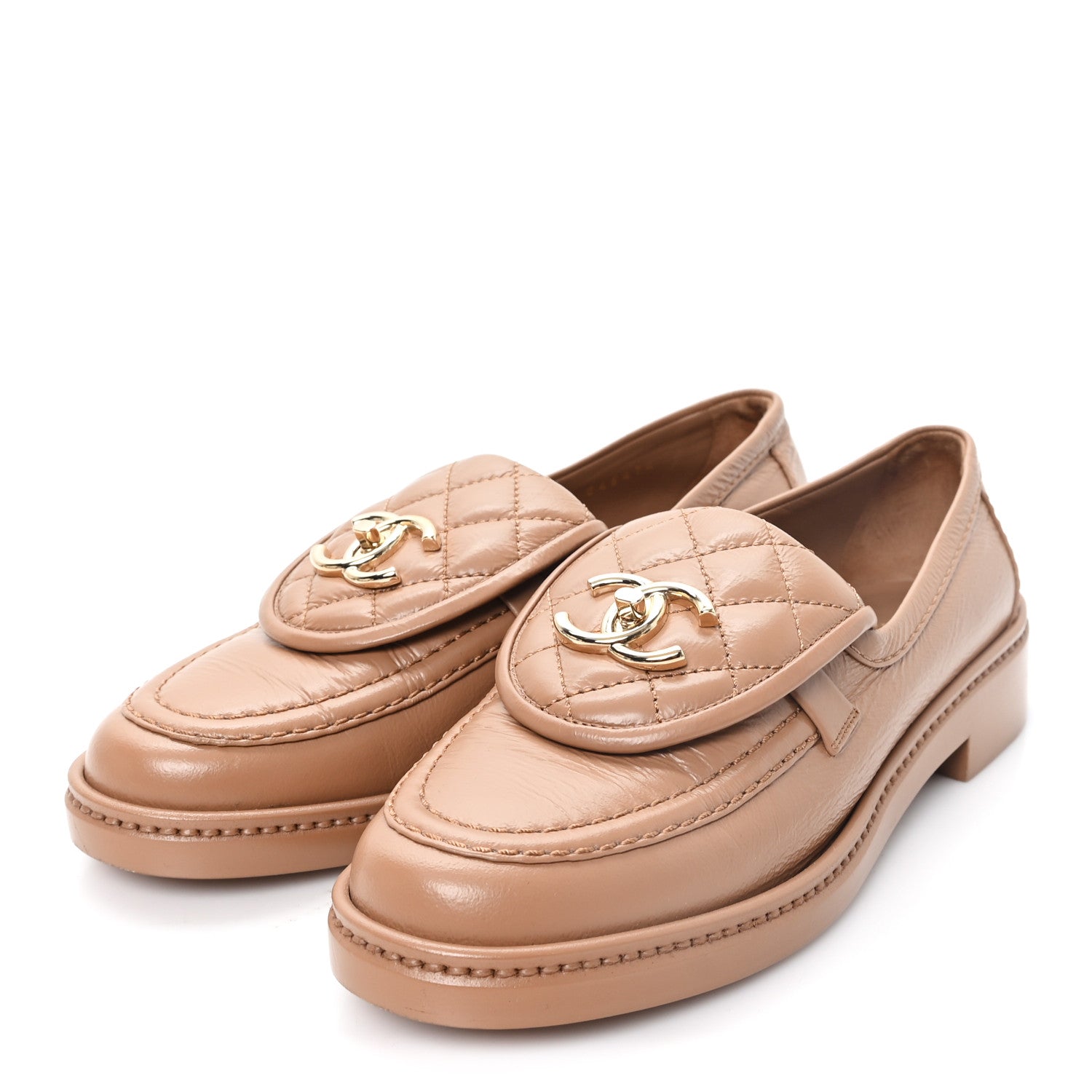 Chanel Crumpled Lambskin Quilted CC Turnlock Moccasins 35.5 Dark Beige 4 of 10