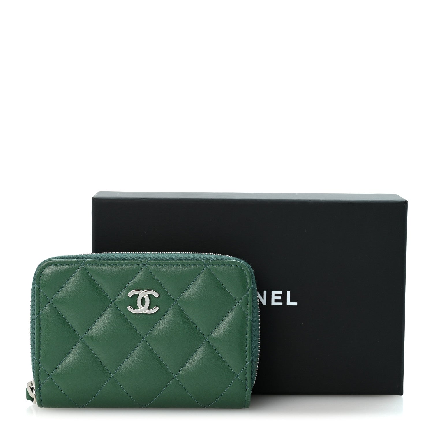 Chanel Lambskin Quilted Zip Around Coin Purse Wallet Green 8 of 8