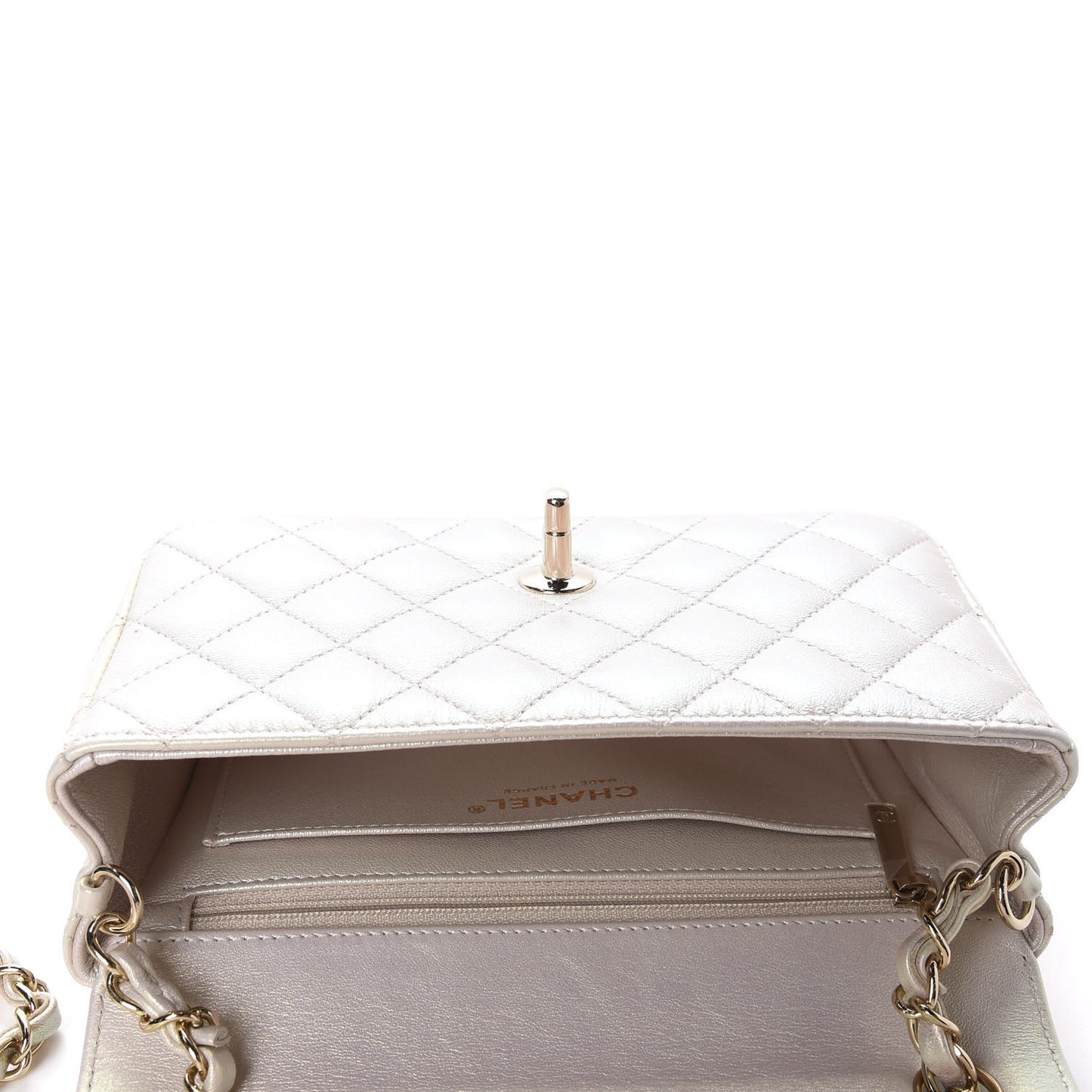 Iridescent Lambskin Quilted Mini Rectangular Flap Ivory