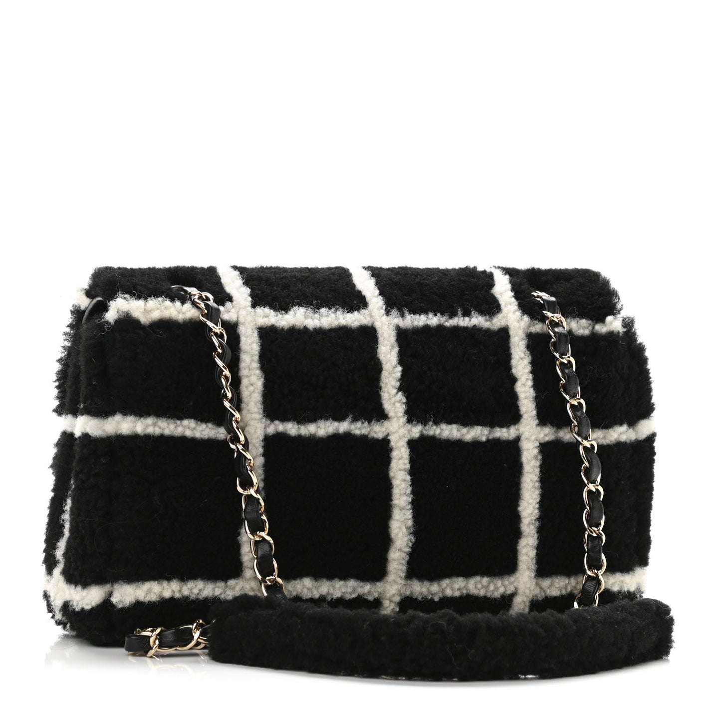 Shearling Lambskin Large Fluffy Tartan Single Flap Black White