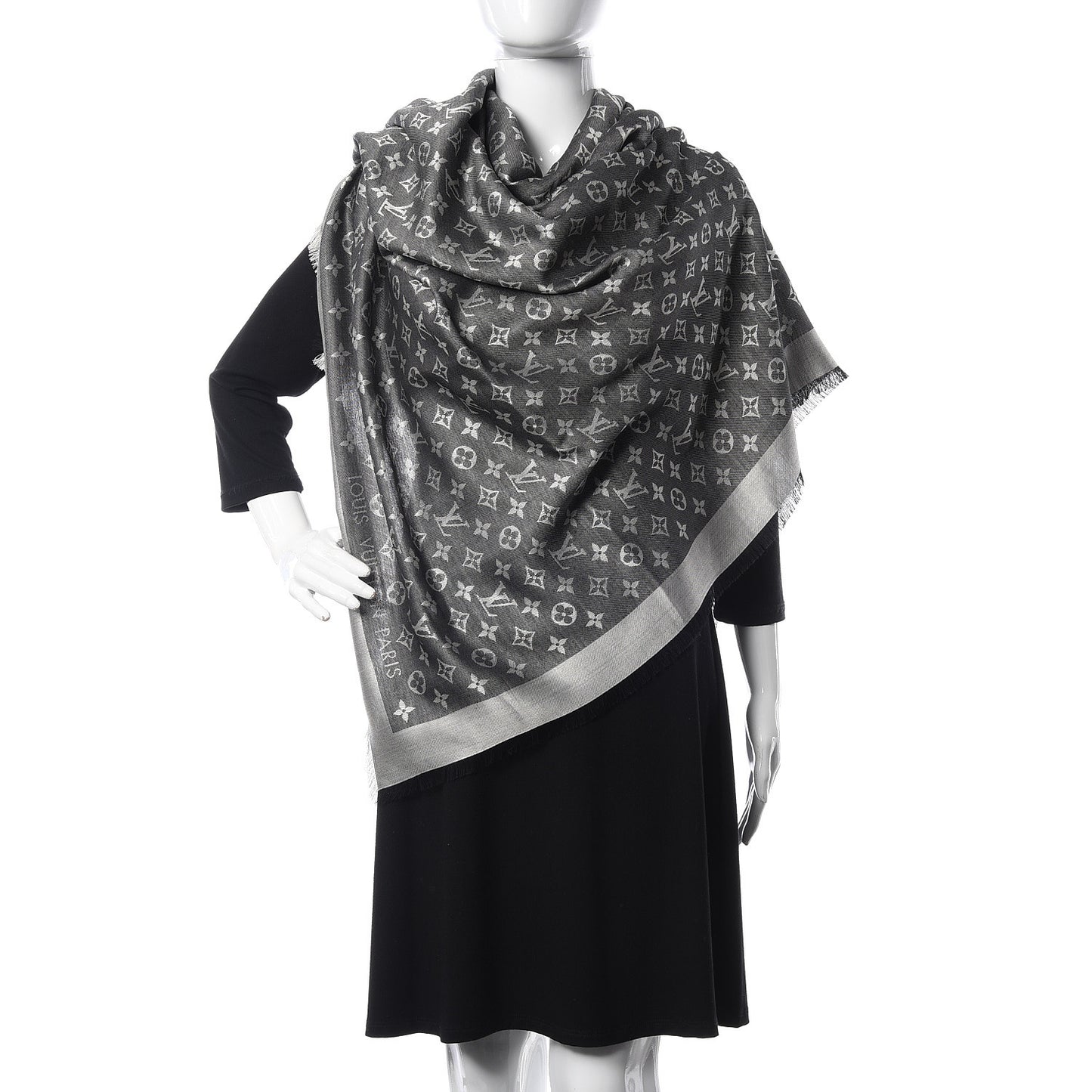 Wool Silk Monogram Denim Shawl Black