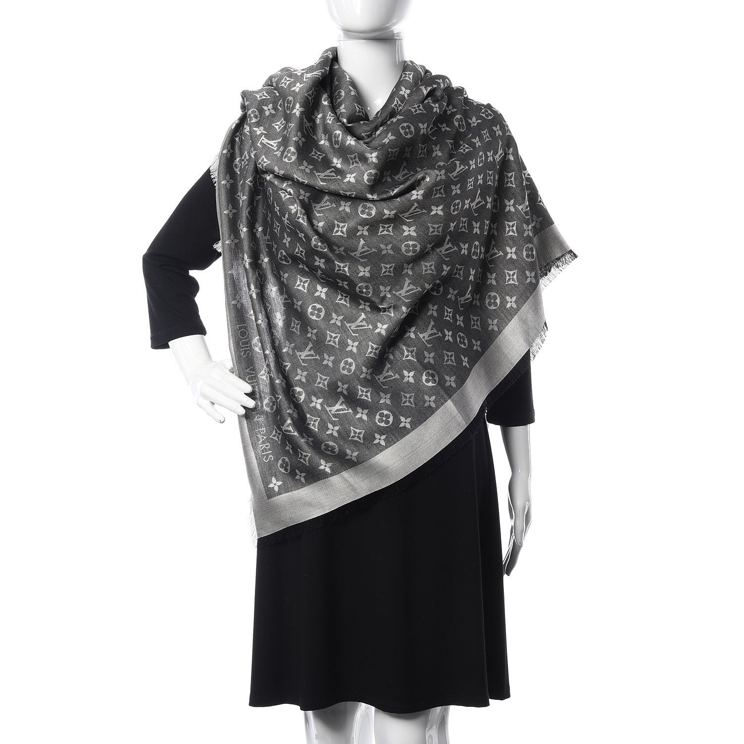 Louis Vuitton Wool Silk Monogram Denim Shawl Black 2 of 8