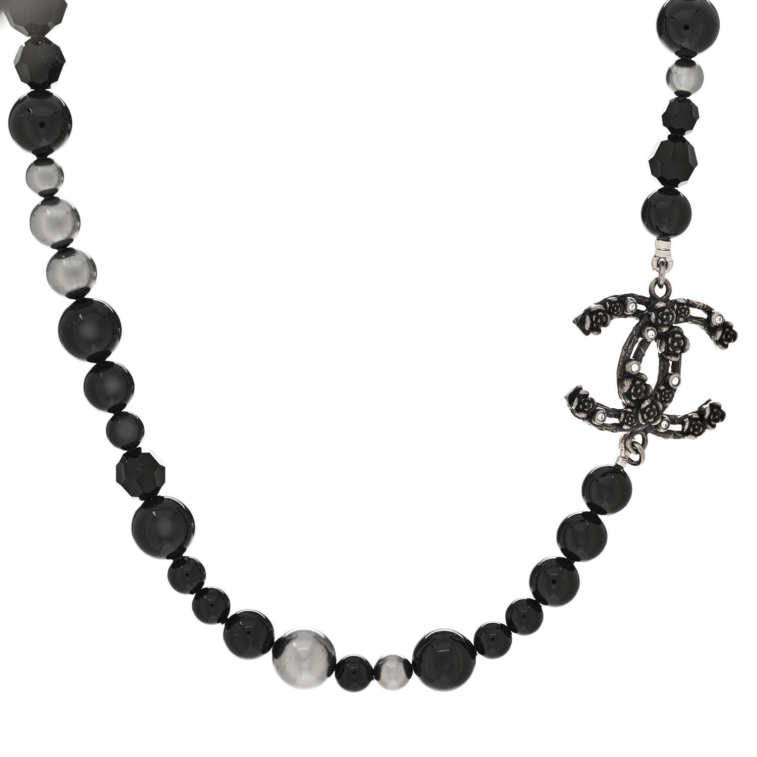 Chanel Pearl Crystal CC Camellia Necklace Ruthenium Black 1 of 6