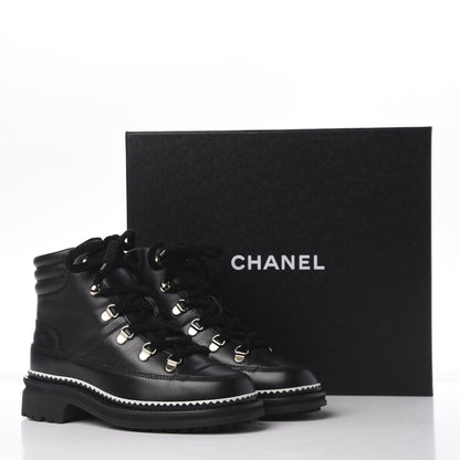 Chanel Calfskin Lambskin Lace Up Boots 35 Black 11 of 11
