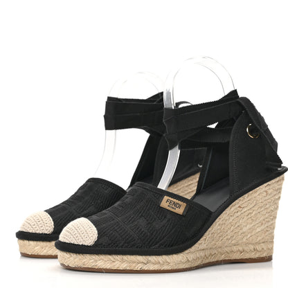 Fendi Canvas FF Embroidered Roma Ankle Wrap Espadrille Wedges 38 Black 3 of 8