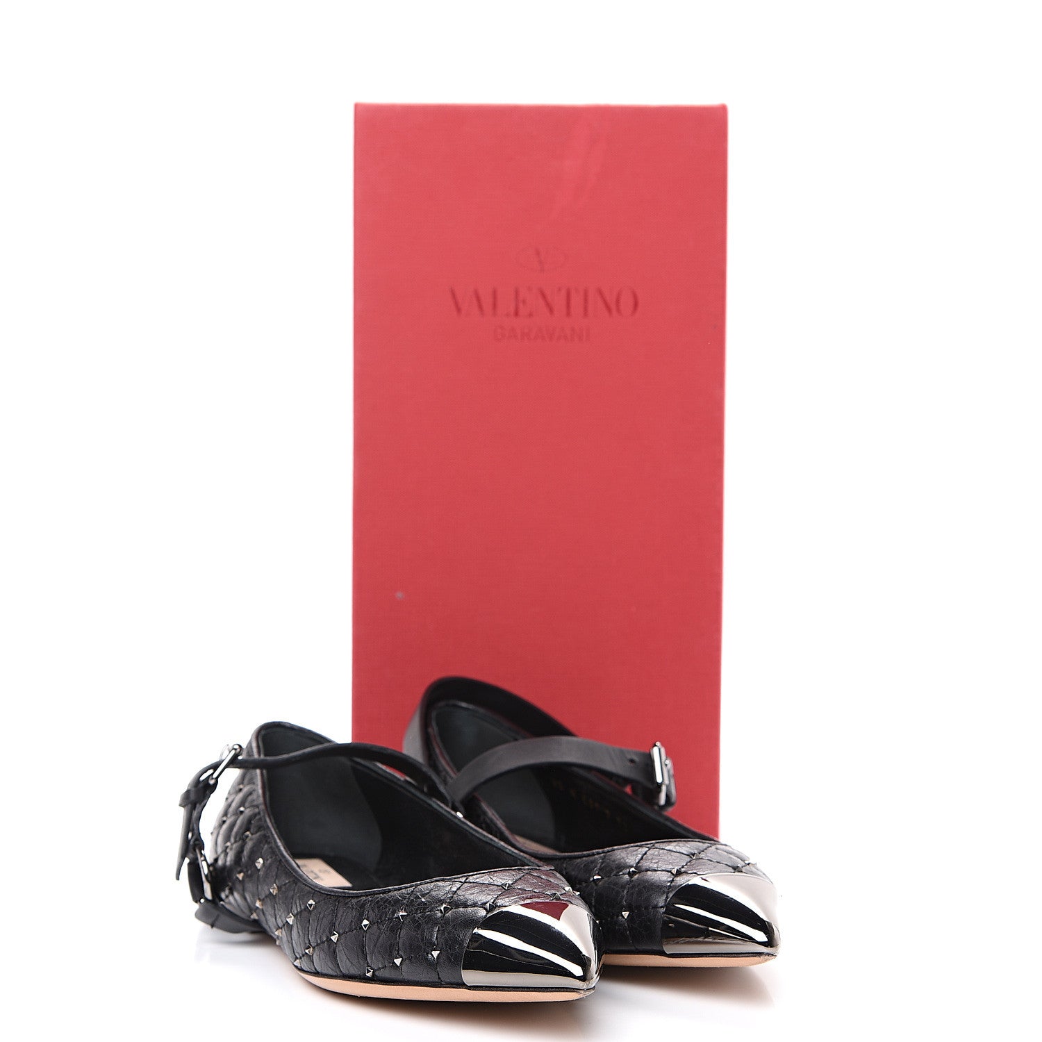 Valentino Garavani Crackled Lambskin Rockstud Spike Captoe Ballerina Flats 37 Black 10 of 10