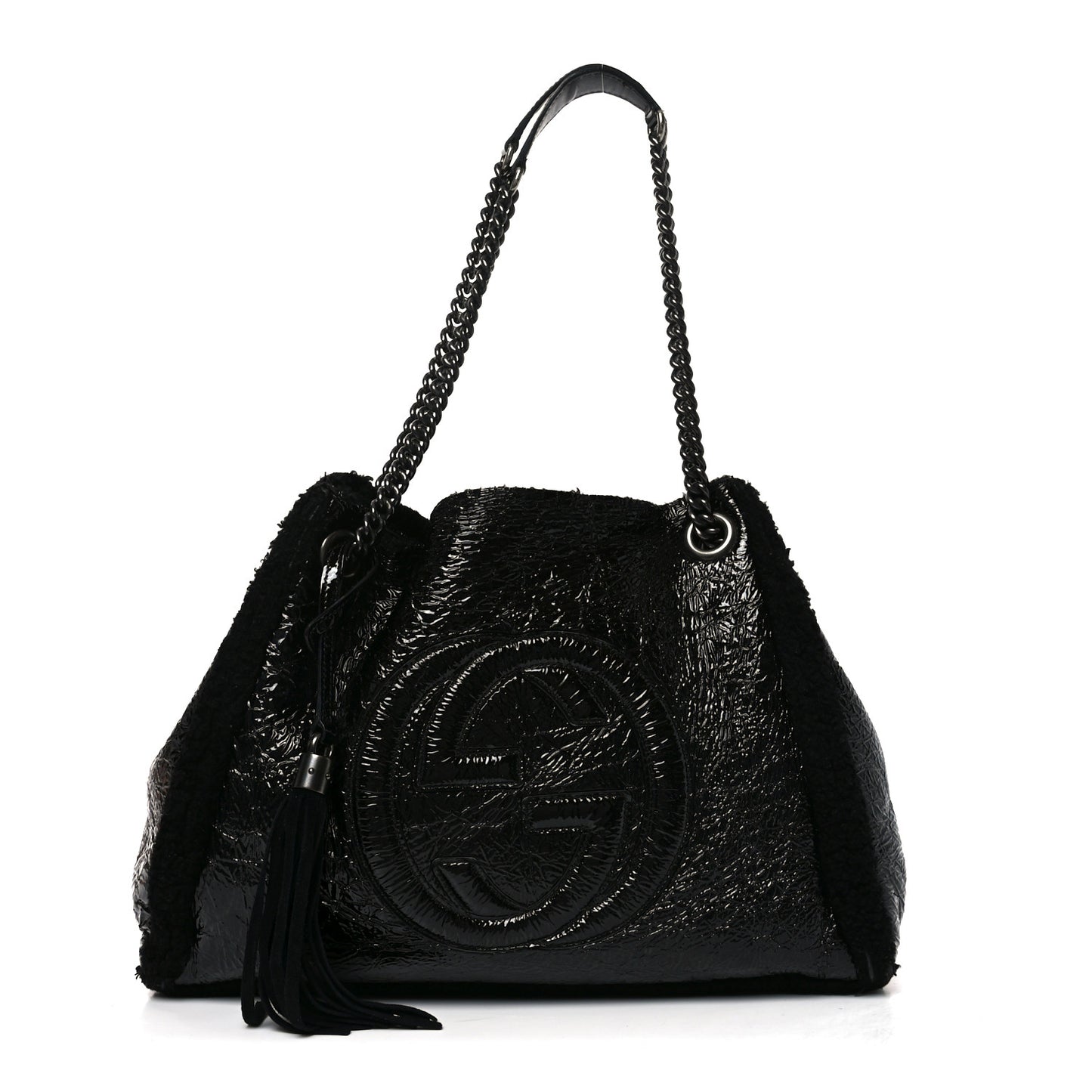 Patent Shearling Medium Soho Chain Shoulder Bag Black