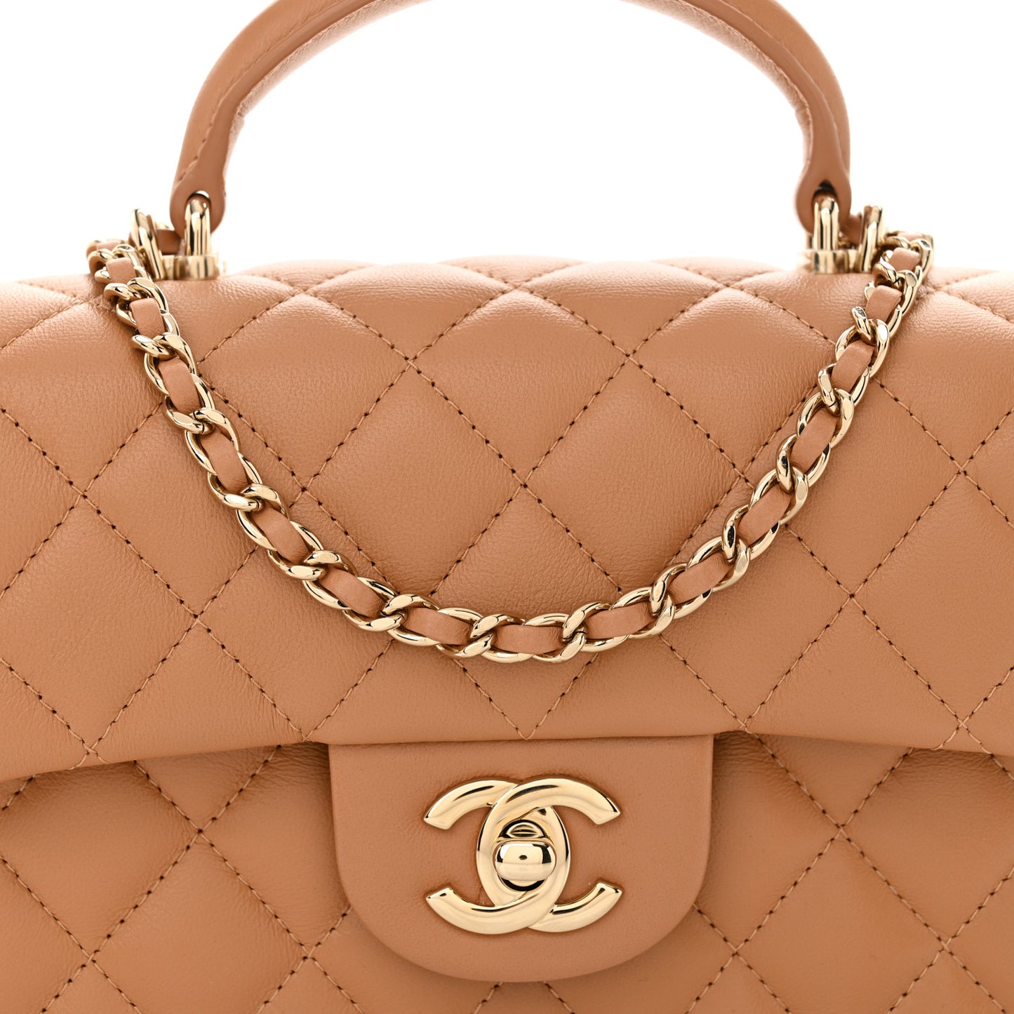 Lambskin Quilted Mini Top Handle Rectangular Flap Dark Beige