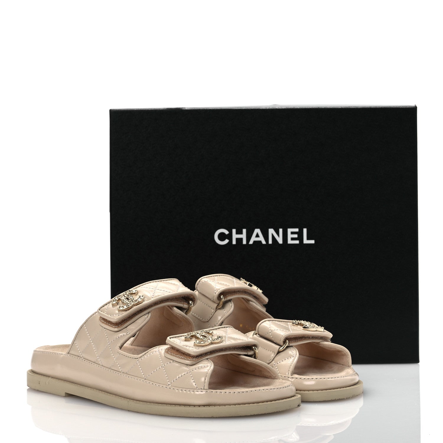 Chanel Shiny Calfskin Crystal Quilted Velcro Dad CC Slide Sandals