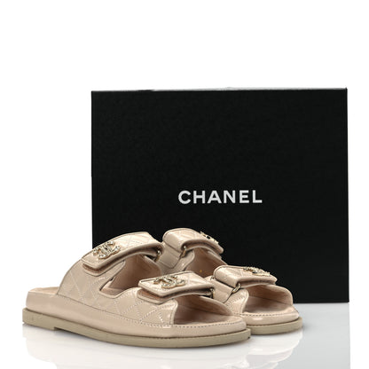 Chanel Shiny Calfskin Crystal Quilted Velcro Dad CC Slide Sandals 38 Light Beige 14 of 14