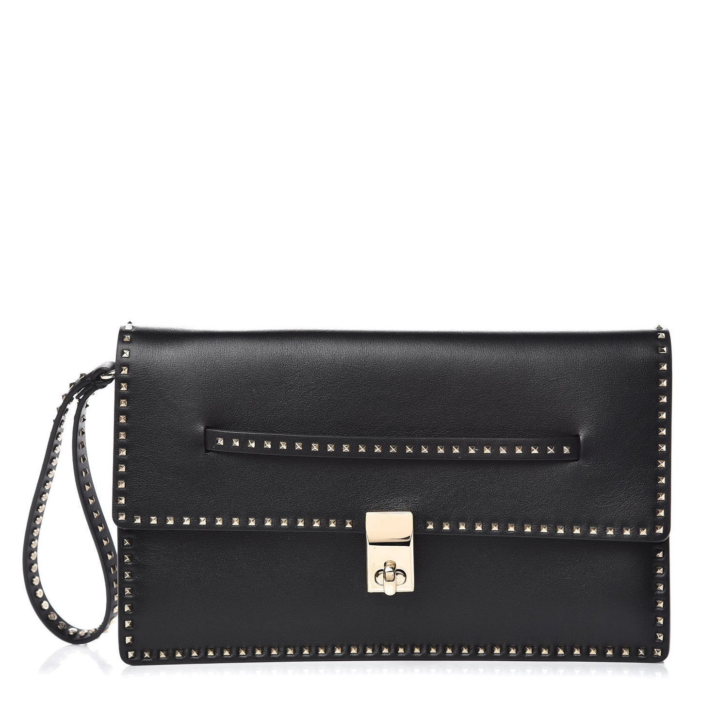Calfskin Rockstud Turn Lock Flap Clutch Black