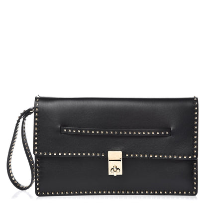 Valentino Garavani Calfskin Rockstud Turn Lock Flap Clutch Black 1 of 9
