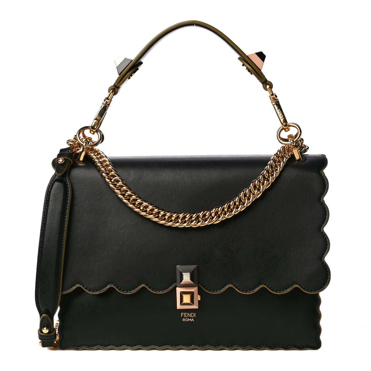 Vitello Liberty Scalloped Studded Kan I Shoulder Bag Black