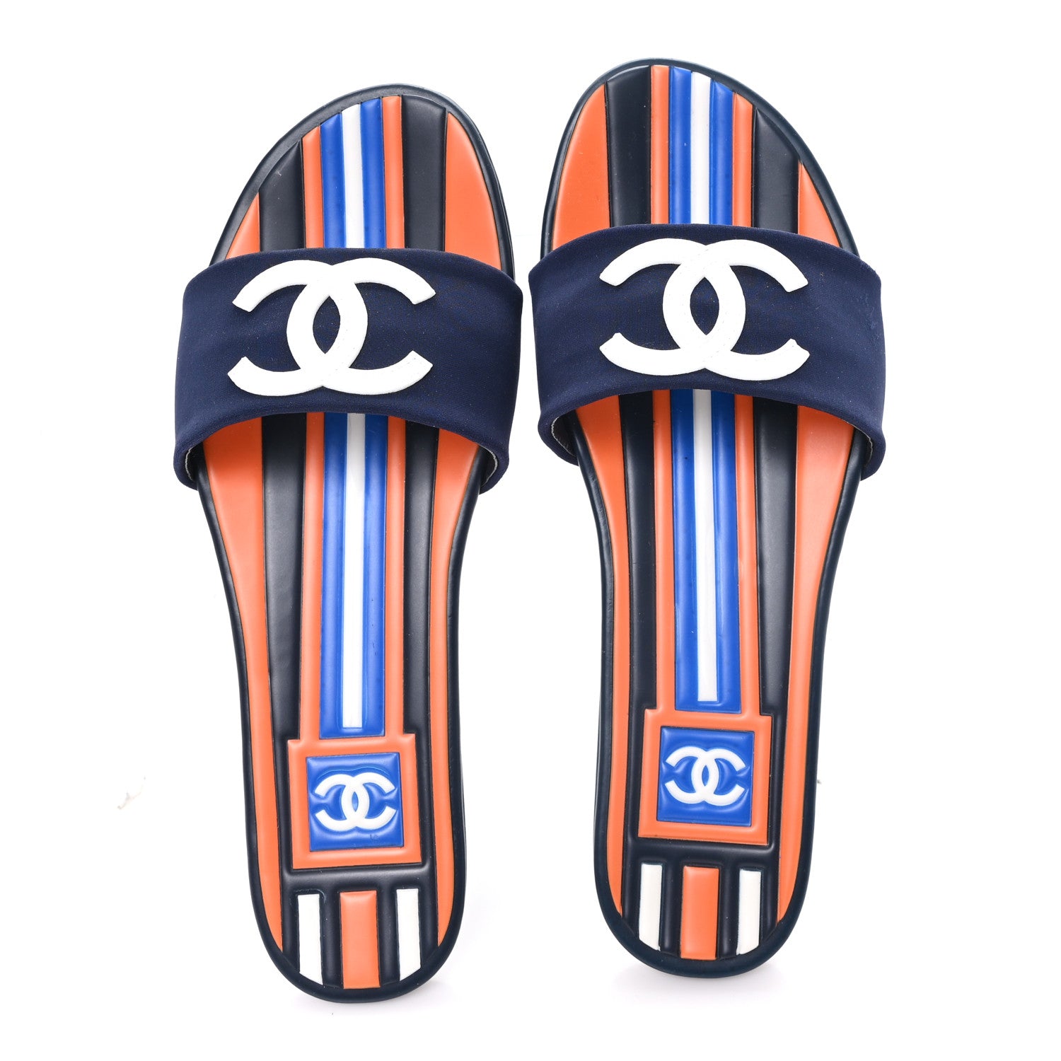 Chanel Rubber CC Mules Sandals  38  Dark Navy Blue Orange 2 of 10