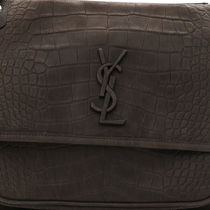 Saint Laurent Nubuck Crocodile Embossed Monogram Medium Niki Chain Satchel Wood 8 of 10