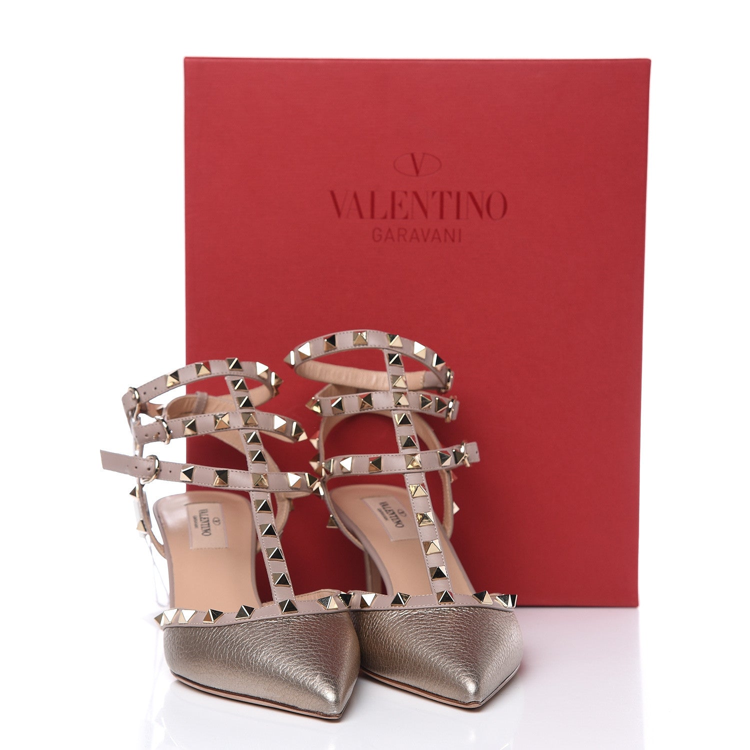 Valentino Garavani Metallic Pebbled Calfskin Rockstud Ankle Strap 65mm Pumps 39 Sasso Poudre 9 of 9