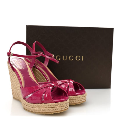 Gucci Patent Microguccissima Penelope Espadrille Wedge Sandals 37  Bright Bouganville 10 of 10