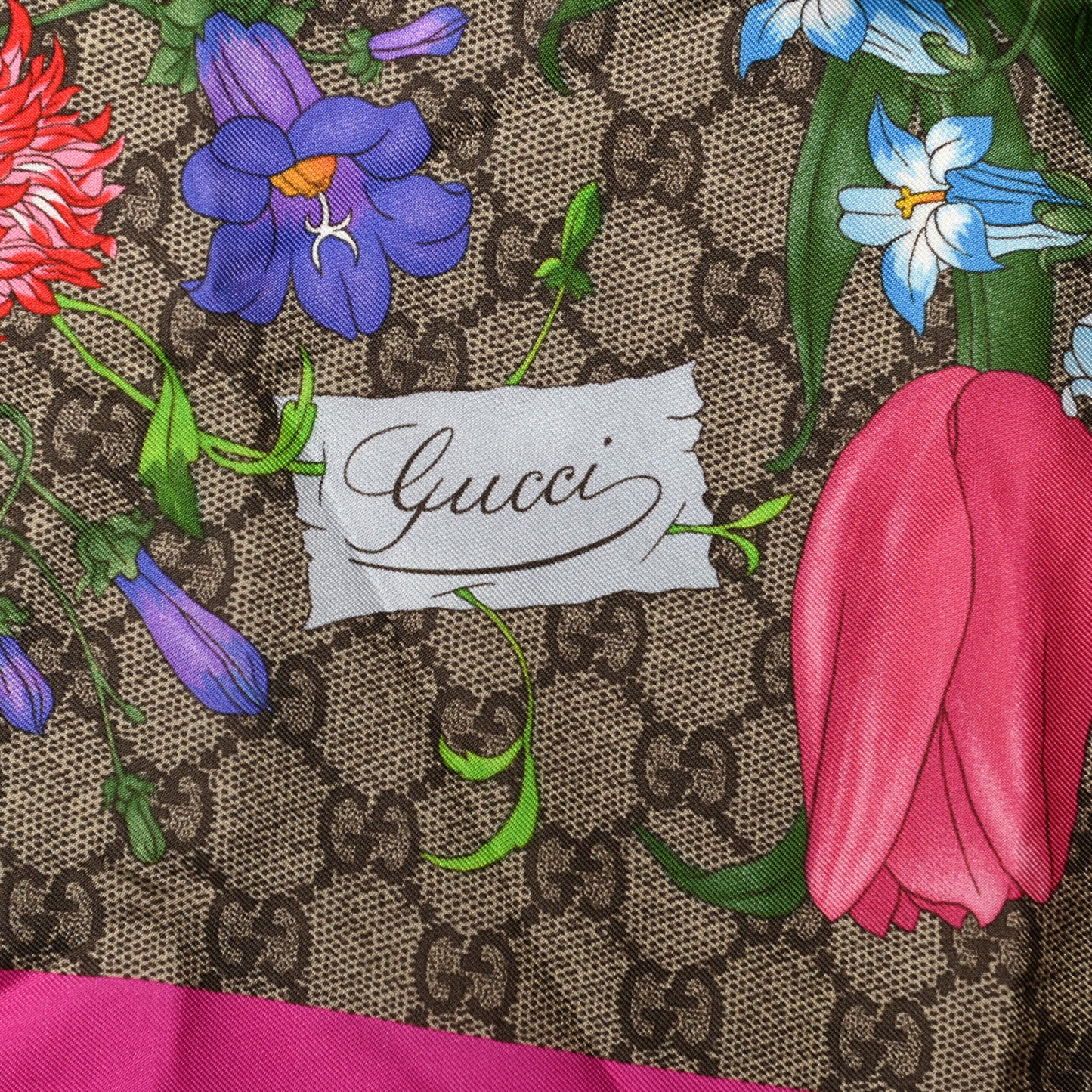 Silk Twill GG Monogram Flora Fluo GG Square Scarf Beige Pink