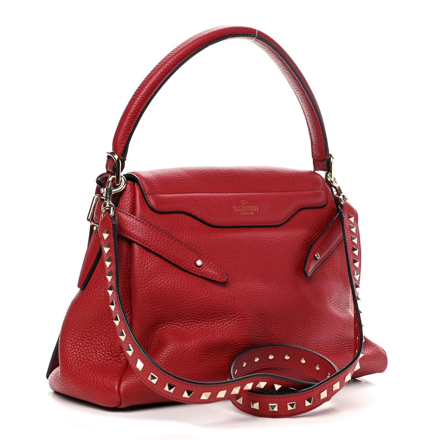 Pebbled Calfskin Rockstud Twiny Top Handle Bag Red