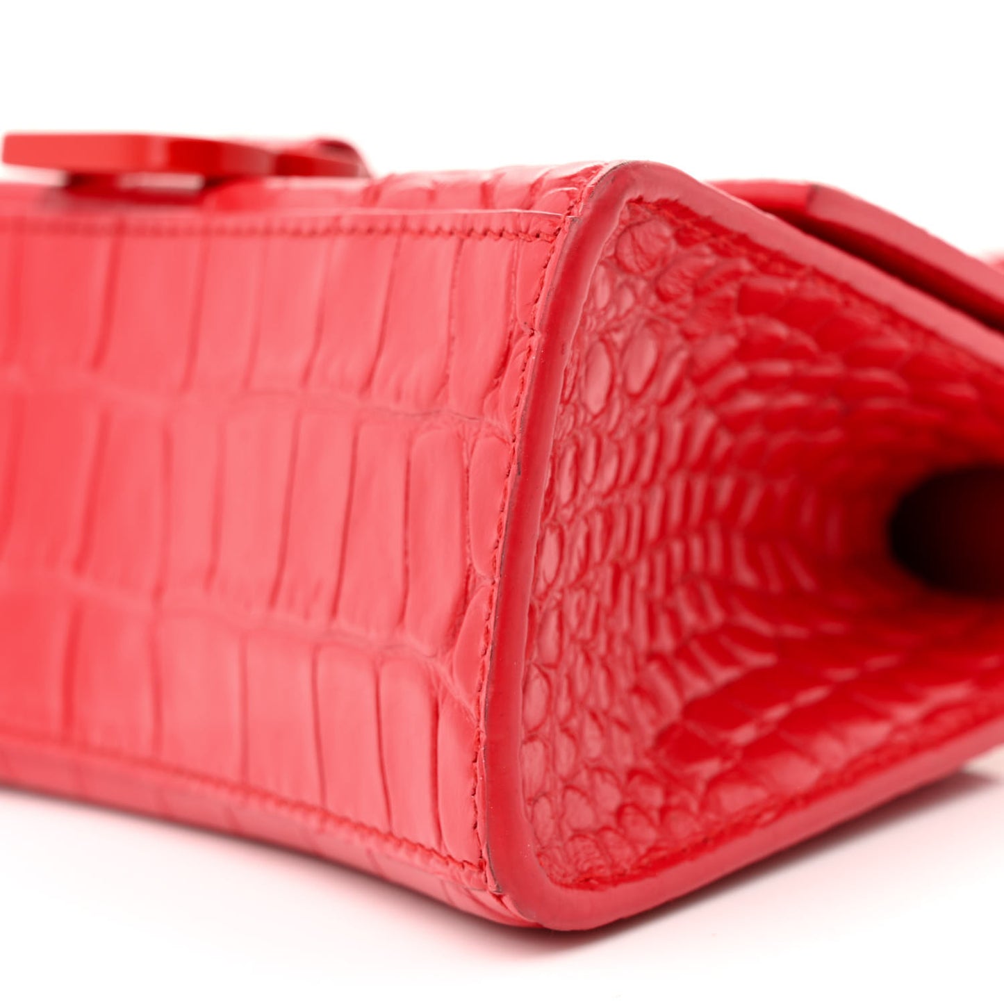 Shiny Calfskin Tonal B Crocodile Embossed Hourglass Top Handle Bag XS Bright Red