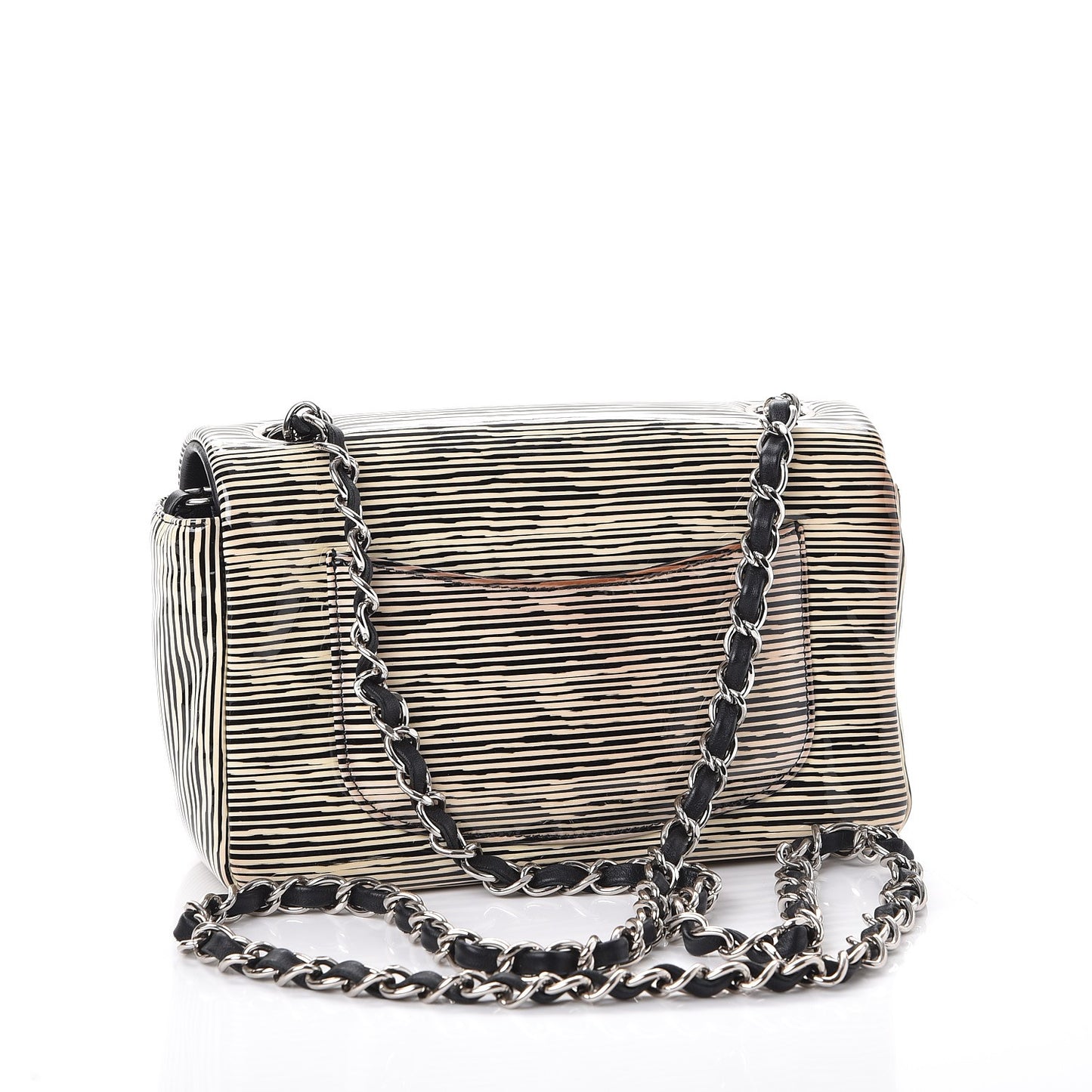 Patent Calfskin Striped Mini Rectangular Flap Black