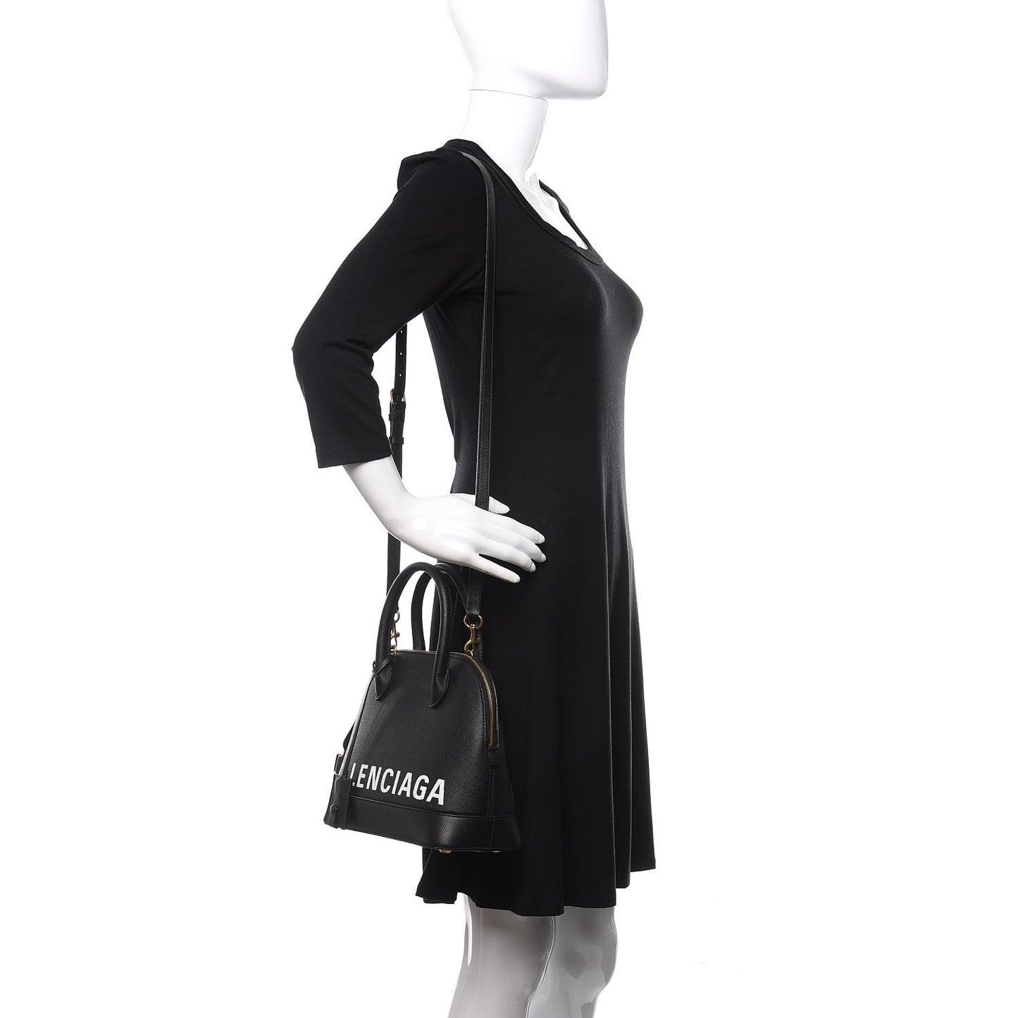 Signature Grained Calfskin Logo S Ville Top Handle Bag Black White