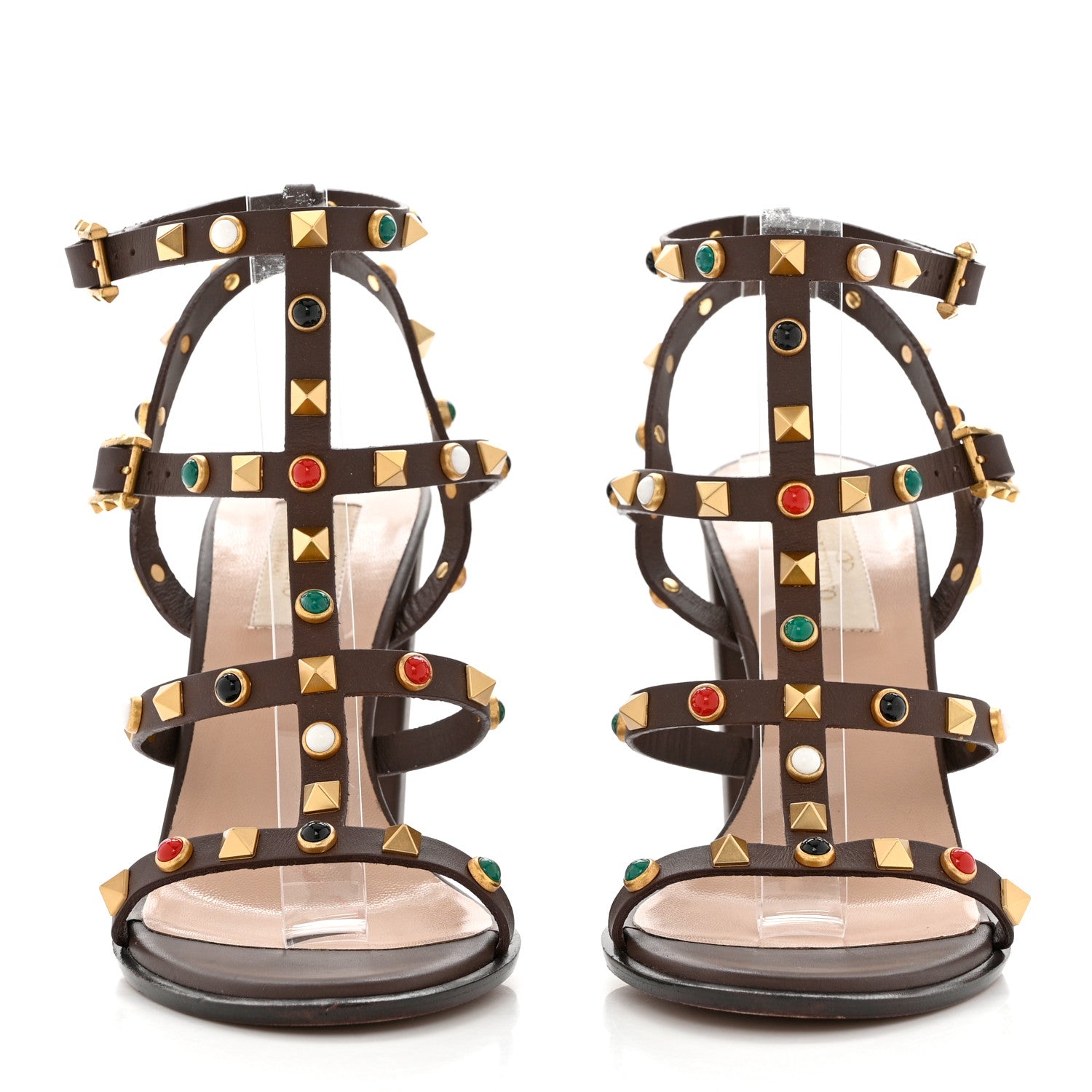 Valentino Garavani Calfskin Rockstud Rolling Cabochon 90mm City Sandals 38 Cacao 2 of 7