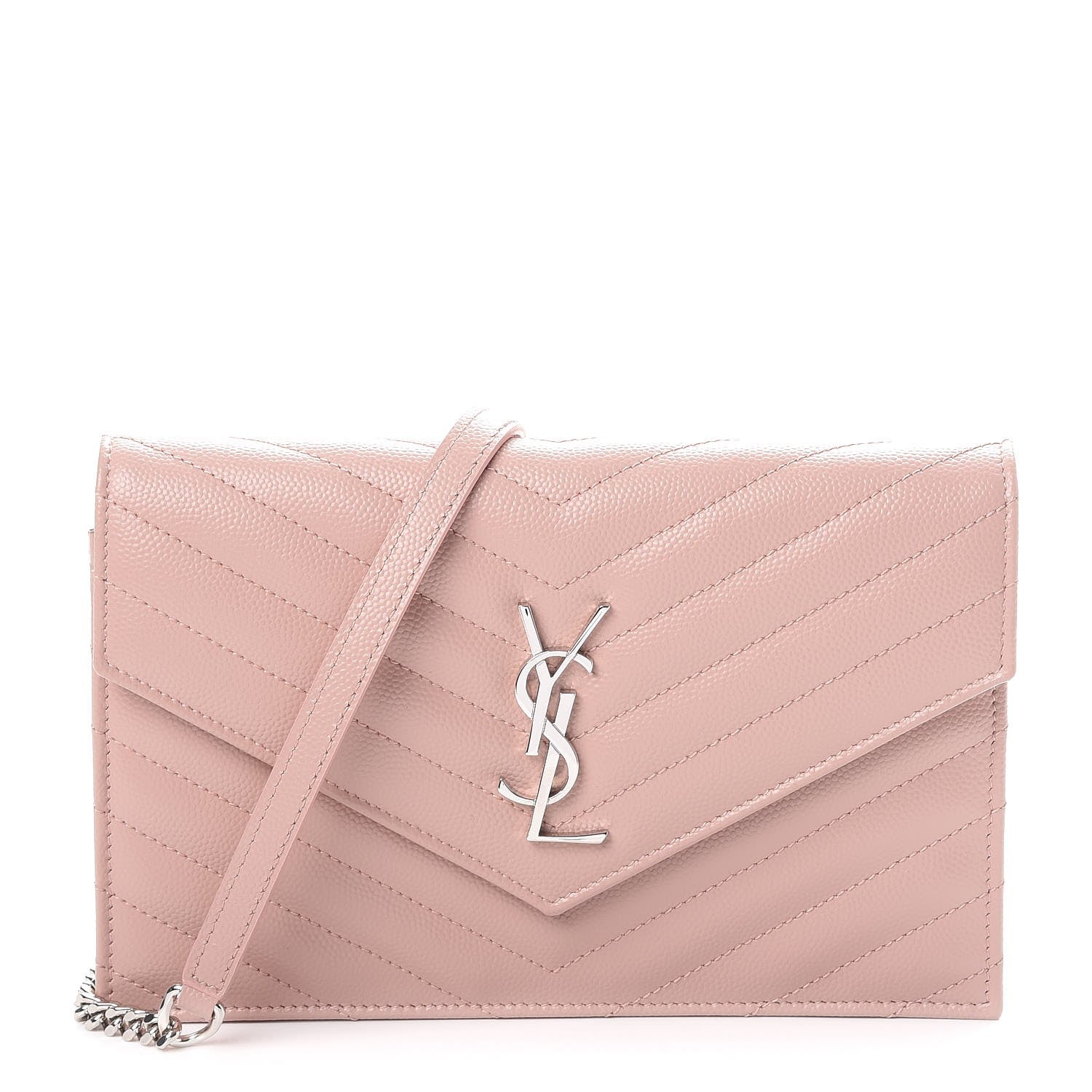 Saint Laurent Grain De Poudre Matelasse Chevron Monogram Envelope Chain Wallet Pale Pink 1 of 9