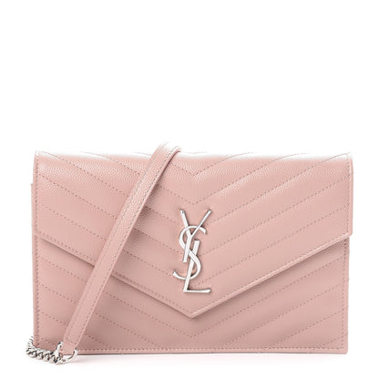 Saint Laurent Grain De Poudre Matelasse Chevron Monogram Envelope Chain Wallet Pale Pink 1 of 9