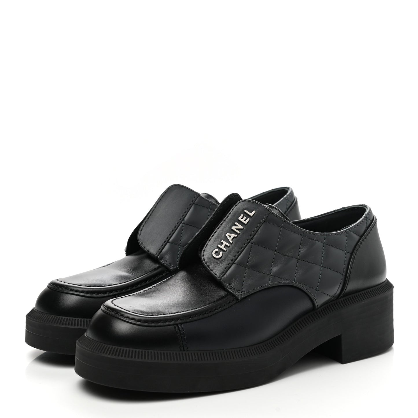 Calfskin Quilted Logo Lace Up Loafers 36 Black Grey