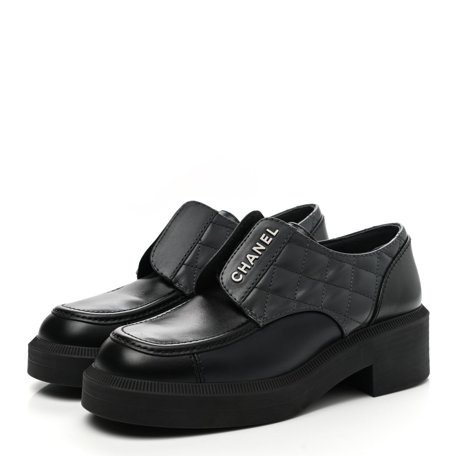 Chanel Calfskin Quilted Logo Lace Up Loafers 36 Black Grey 3 of 8