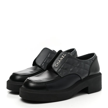 Chanel Calfskin Quilted Logo Lace Up Loafers 36 Black Grey 3 of 8