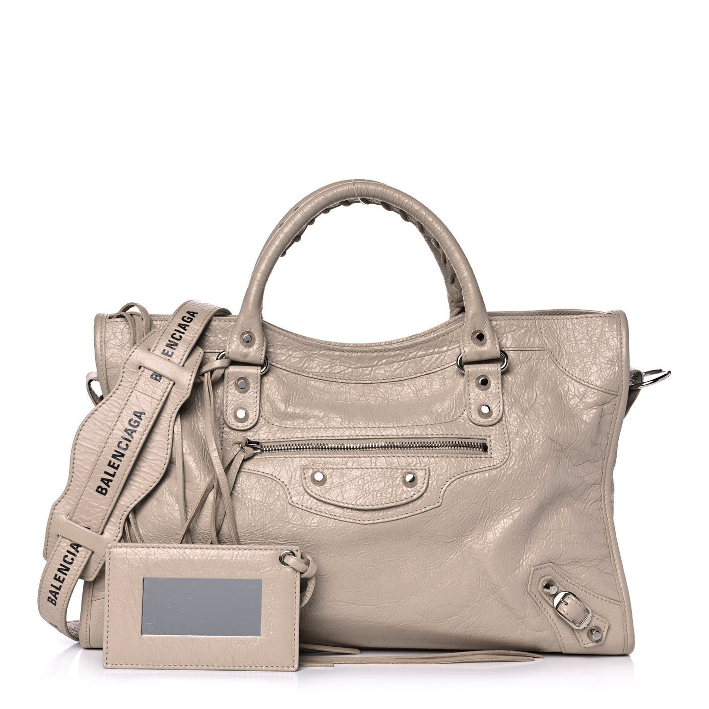 Agneau Classic Silver Hardware City Logo Strap Light Beige Black