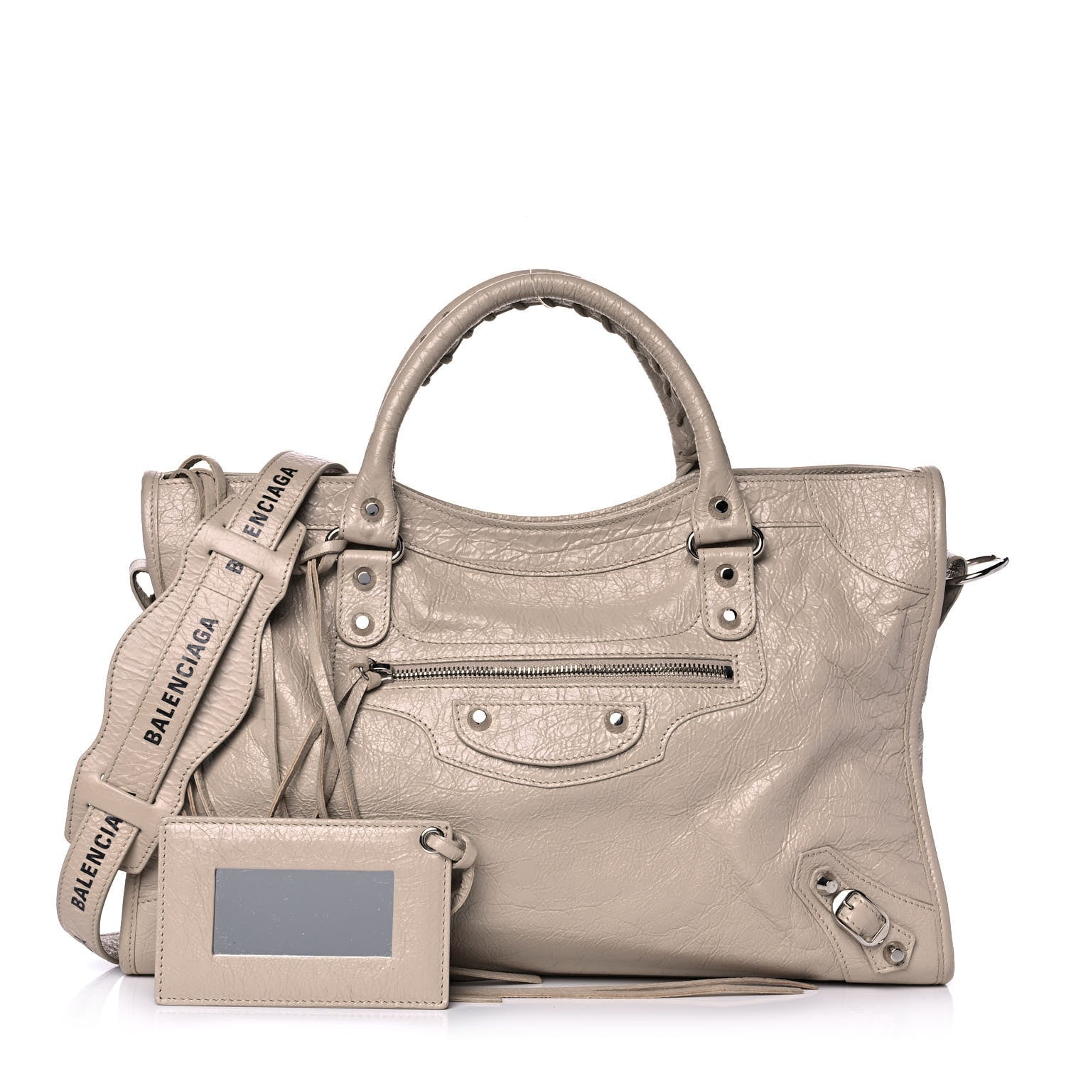 Balenciaga Agneau Classic Silver Hardware City Logo Strap Light Beige Black 1 of 8