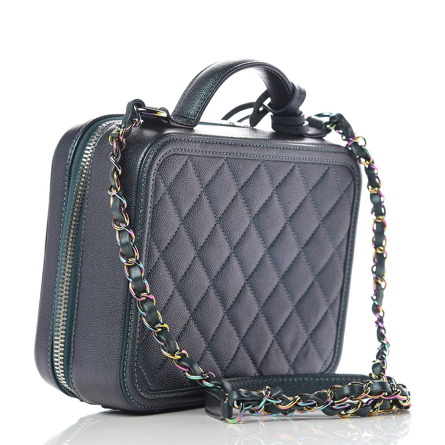 Iridescent Caviar Quilted Medium CC Filigree Vanity Case Dark Turquoise